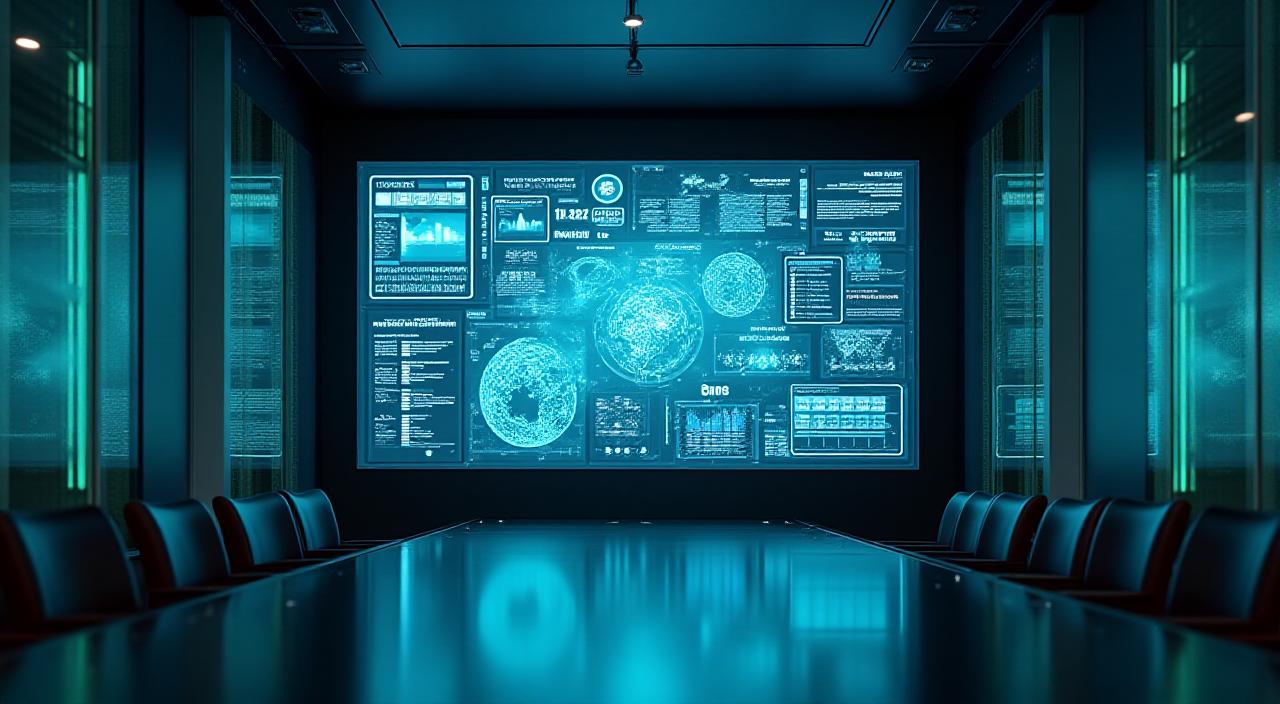 Dashboard analitica moderna con visualizzazioni AI in un ufficio high-tech